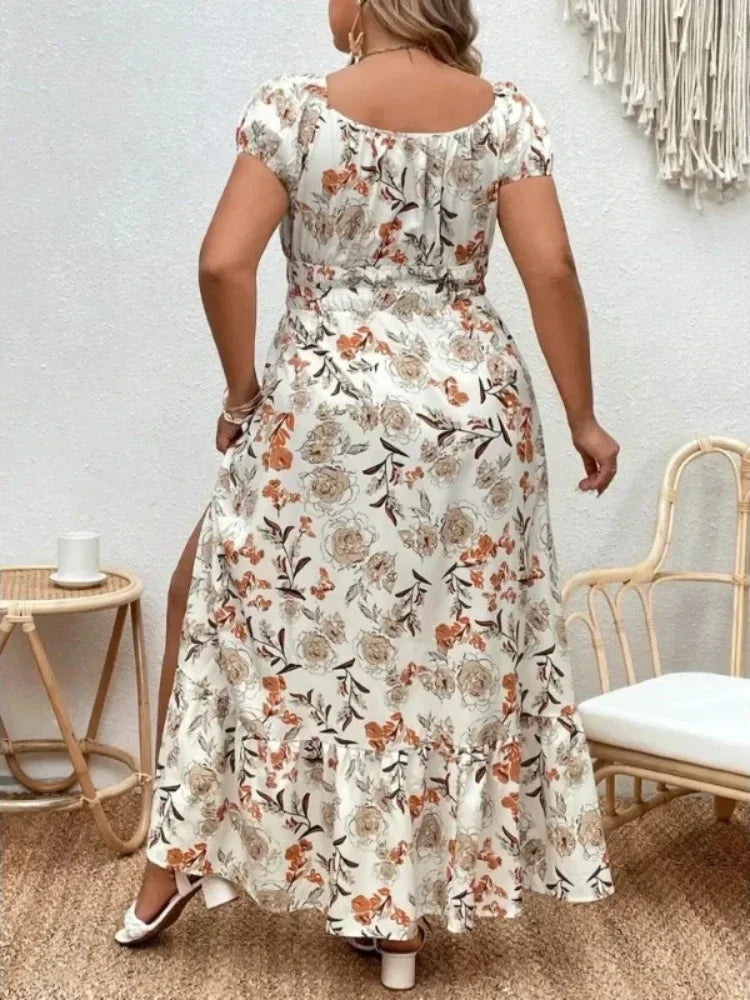 Pretty Woman Curvy Dress - Beige & Tan Flower Peasant Style with Puffed Sleeves, on or off the shoulder