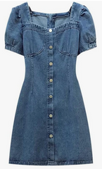 Pretty Woman Dress - Denim, Puffed Sleeves, Button up