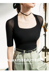 Pretty Woman Top - Mesh Sleeve, Square Collar, Solid Colours, Stretchy