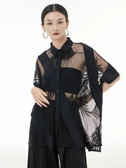 Pretty Woman Curvy Shirt - Black Lace Perspective Blouse, New Lapel Half Sleeve Loose Fit Shirt