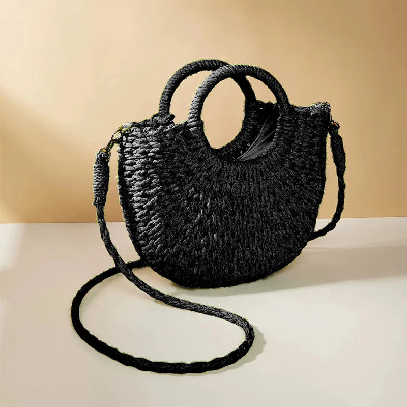 Pretty Woman Curvy Accessories - Handwoven Straw Rattan Half-Moon Handbag, Hollow Out Crossbody Shoulder Bag