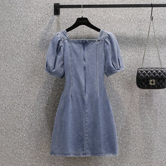 Pretty Woman Dress - Denim, Puffed Sleeves, Button up