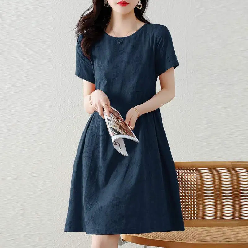 Pretty Woman Dress - Texture Fabric, Cotton, Knee-length, Short Sleeve Dress