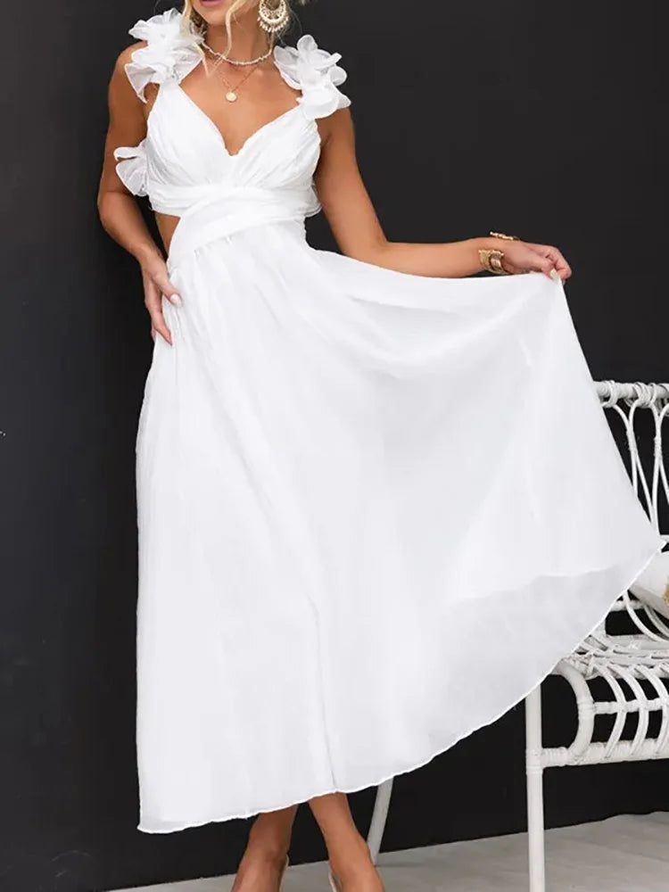 Pretty Woman Dress - V-Neck Backless, Petal Sleeveless, Elegant Maxi Dress