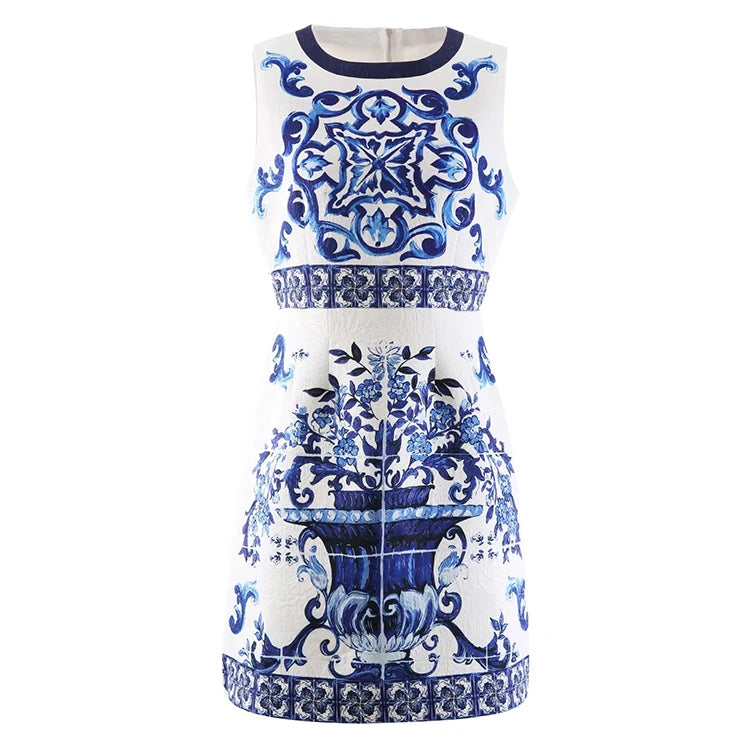 Pretty Woman Dress - Jacquard Round Neck Sleeveless Printed High Street Elegant  Dress