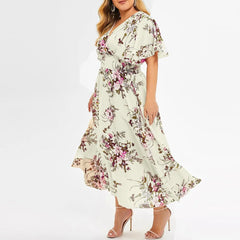 Pretty Woman Curvy Dress  - Crossover V Neck, Butterfly Sleeves, Pinched Elastic Stretch Waist, Chiffon, Flowers