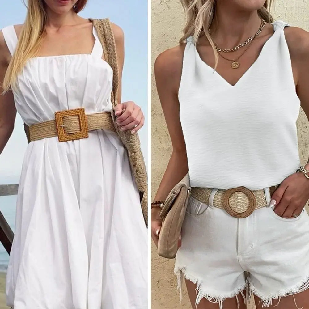 Pretty Woman Accessories - Straw Braided Belt , Elastic Wide Waistband, Boho