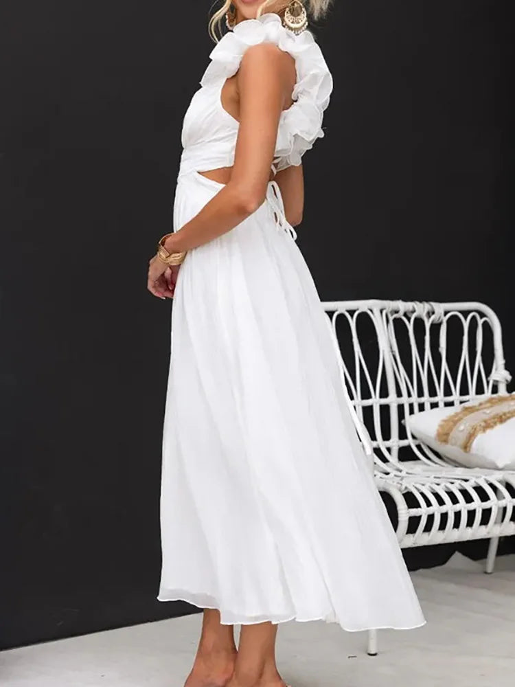 Pretty Woman Dress - V-Neck Backless, Petal Sleeveless, Elegant Maxi Dress