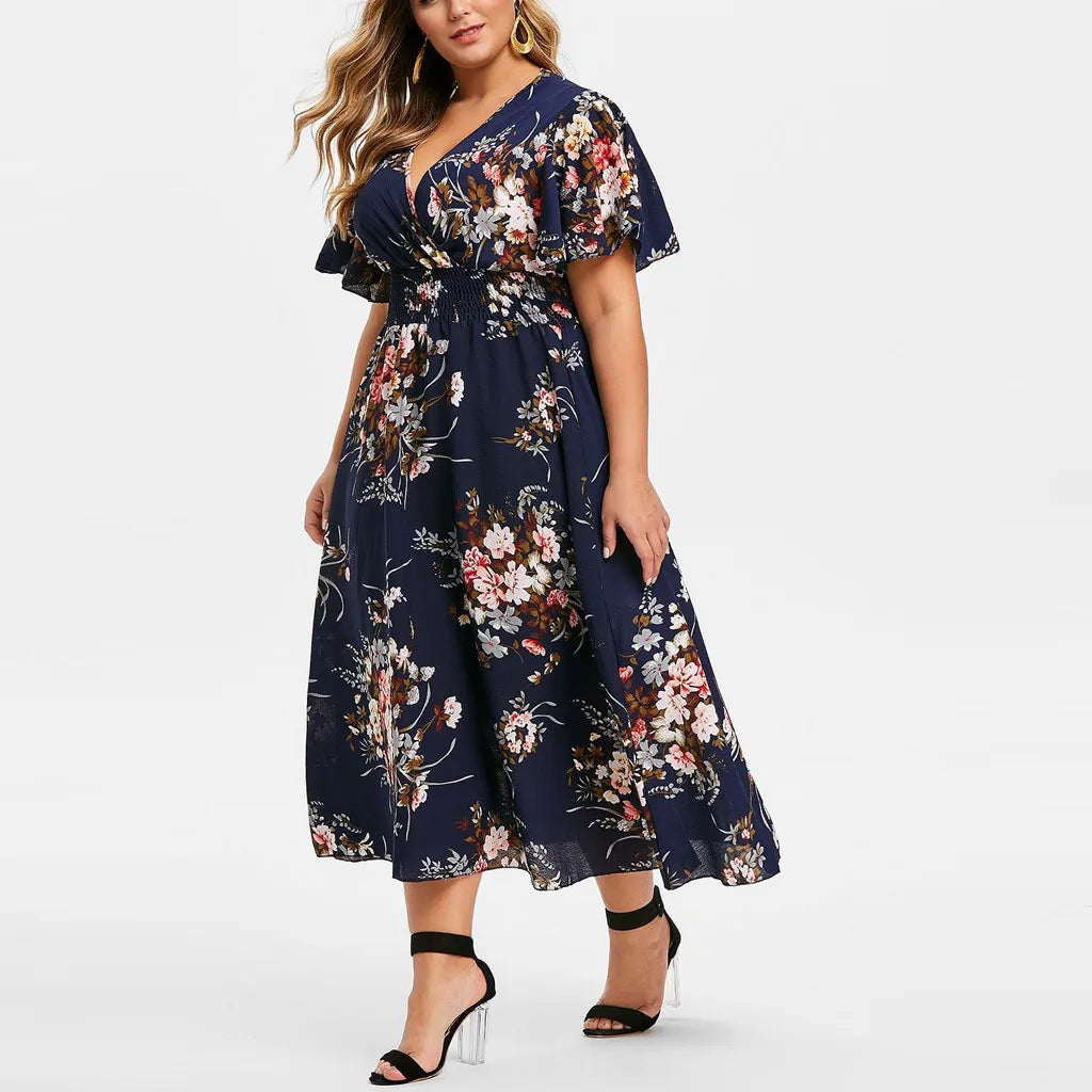 Pretty Woman Curvy Dress  - Crossover V Neck, Butterfly Sleeves, Pinched Elastic Stretch Waist, Chiffon, Flowers