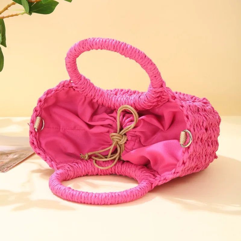 Pretty Woman Curvy Accessories - Handwoven Straw Rattan Half-Moon Handbag, Hollow Out Crossbody Shoulder Bag