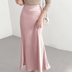 Pretty Woman Skirt -Satin High Waist Solid Color Maxi Skirt