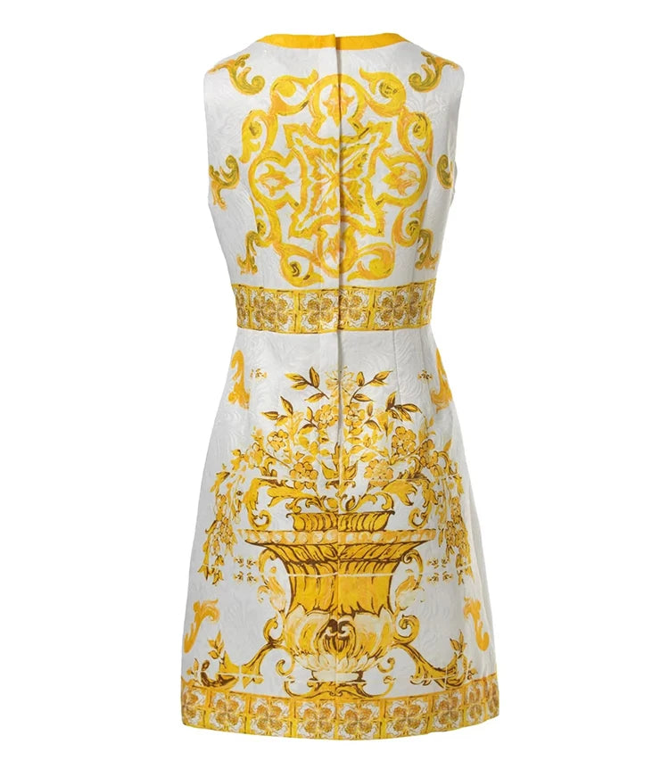 Pretty Woman Dress - Jacquard Round Neck Sleeveless Printed High Street Elegant  Dress