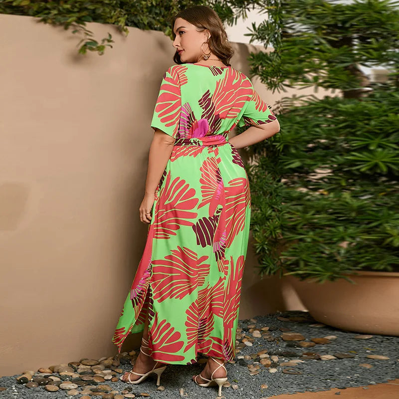 Pretty Woman Curvy Dress - Oversized loose V-neck  with elastic waist, short sleeved printed long Dress