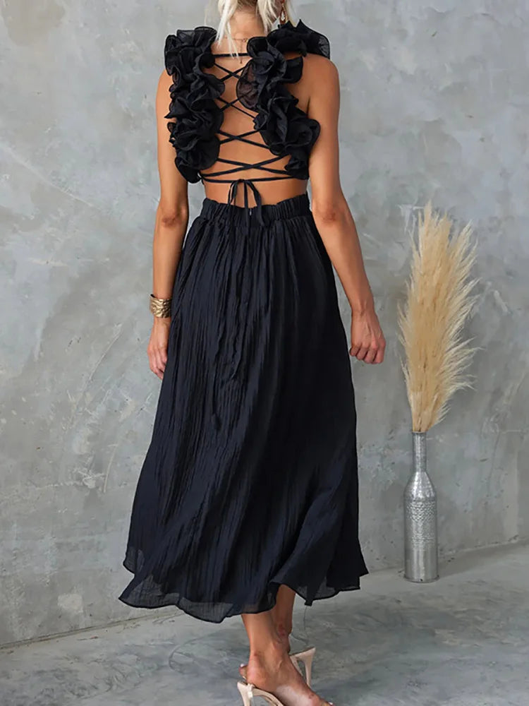 Pretty Woman Dress - V-Neck Backless, Petal Sleeveless, Elegant Maxi Dress