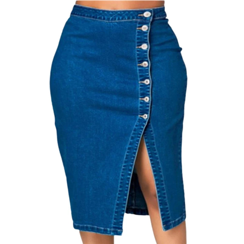 Pretty Woman Curvy Skirt - Single-breasted Splicing Open-front Denim Wrap Skirt