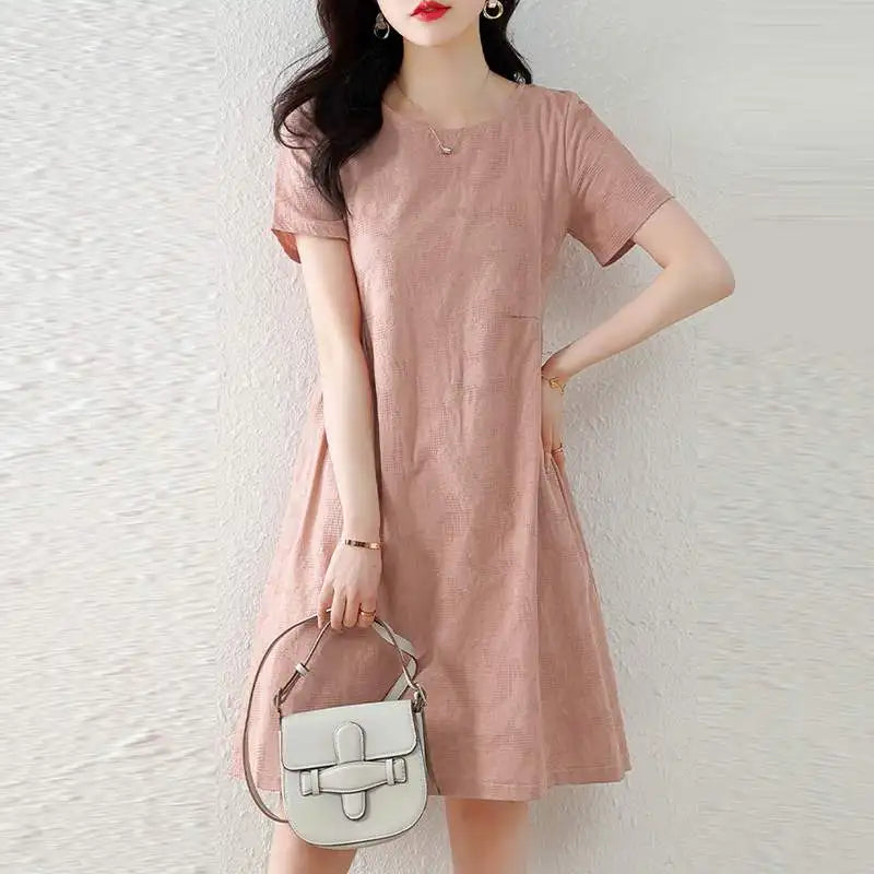 Pretty Woman Dress - Texture Fabric, Cotton, Knee-length, Short Sleeve Dress