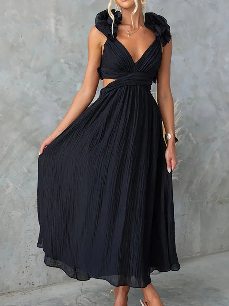 Pretty Woman Dress - V-Neck Backless, Petal Sleeveless, Elegant Maxi Dress