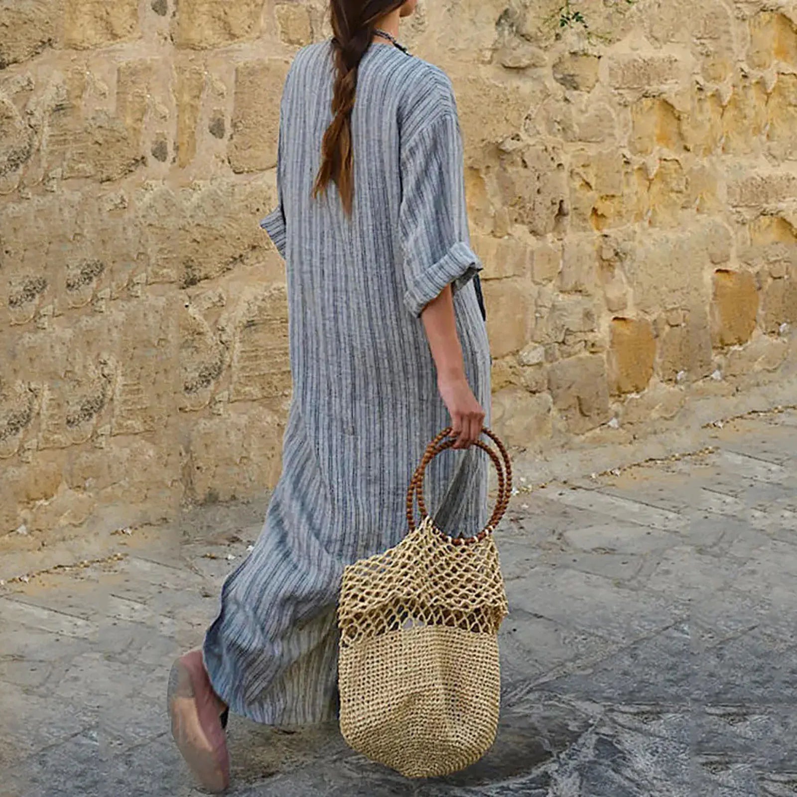 Pretty Woman Dress - New Cotton Linen Stripped Long,  Retro Sundress