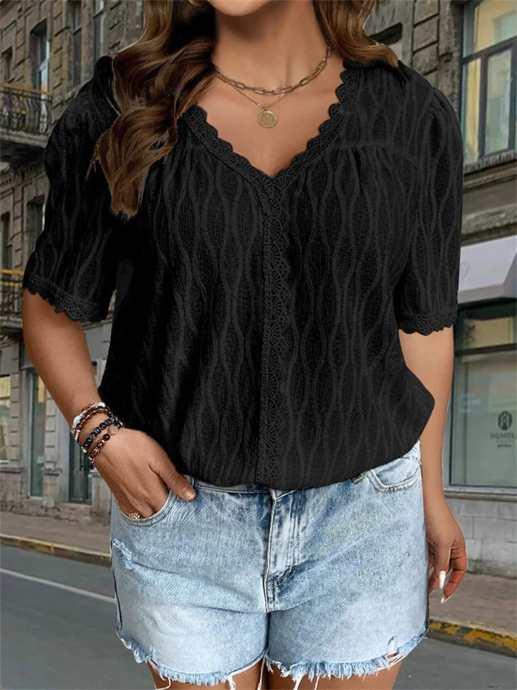 Pretty Woman Curvy Top - Lace, Long, V-neck Woven, Half Sleeve Top