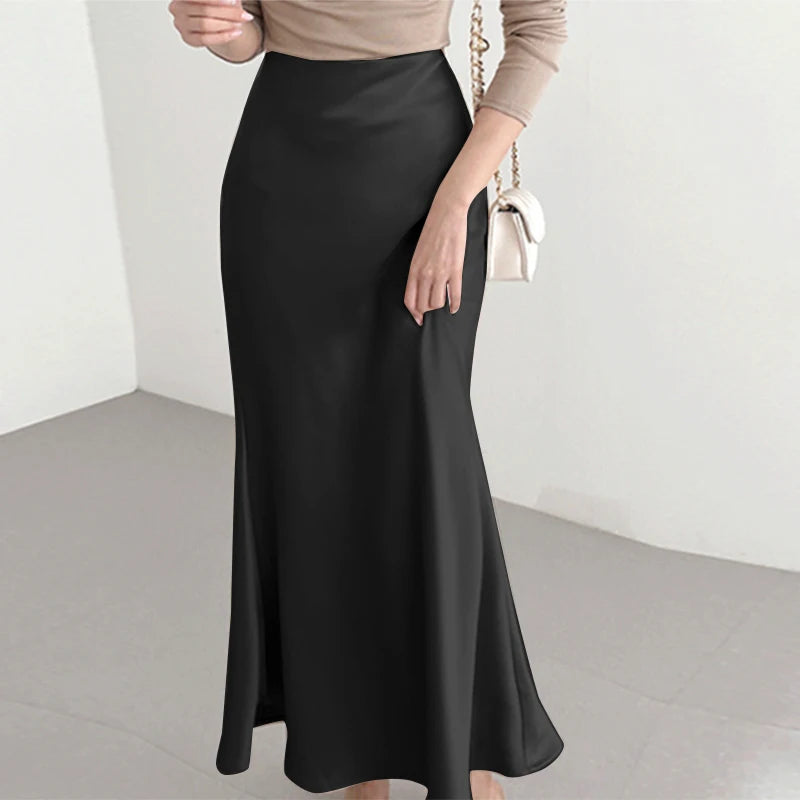 Pretty Woman Skirt -Satin High Waist Solid Color Maxi Skirt