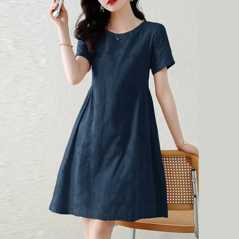 Pretty Woman Dress - Texture Fabric, Cotton, Knee-length, Short Sleeve Dress