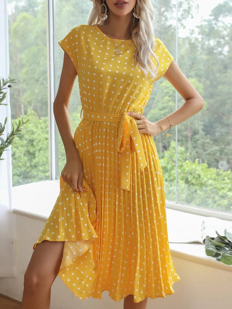 Pretty Woman Dress - Polka Dot Cap Sleeve Knee Length Shirred Elegant Belted A-Line Dress