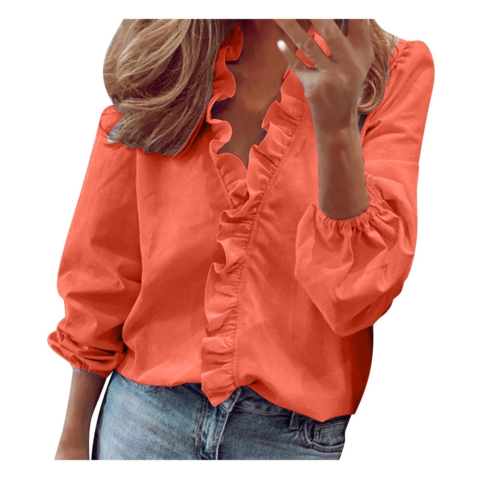 Pretty Woman Curvy Shirt - Pretty Ruffles, Ruffle Collar, Buttons and Long Sleeves