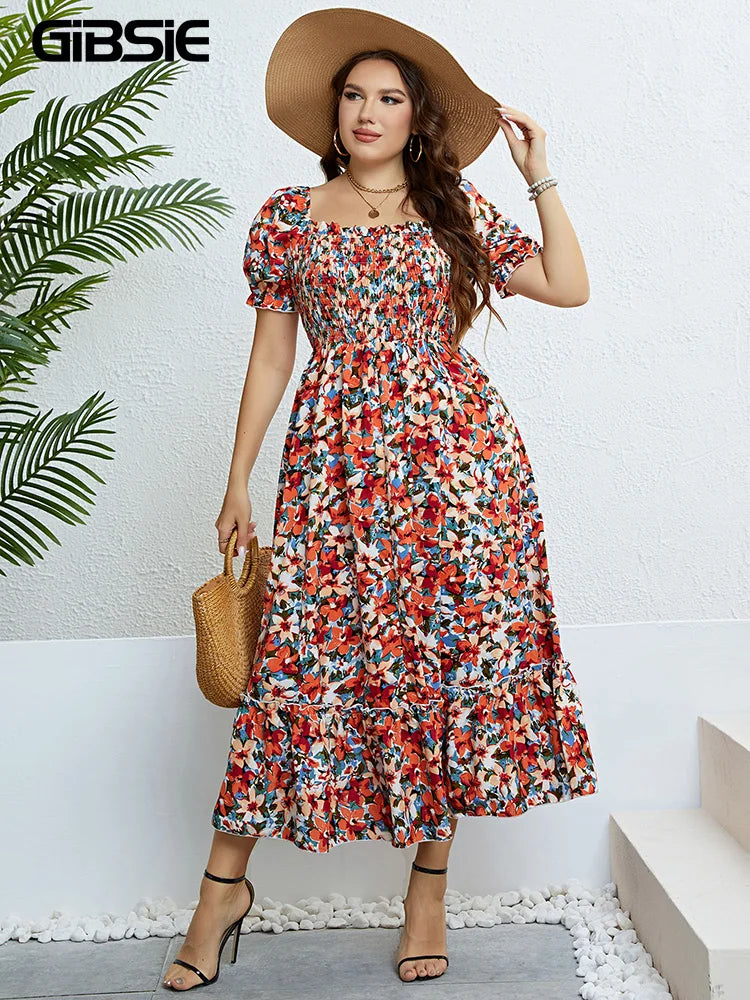 Pretty Woman Curvy Dress - Floral Print, Square Neck, Puff Sleeve Dress