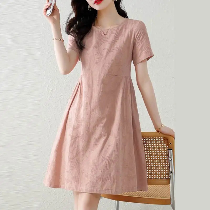 Pretty Woman Dress - Texture Fabric, Cotton, Knee-length, Short Sleeve Dress