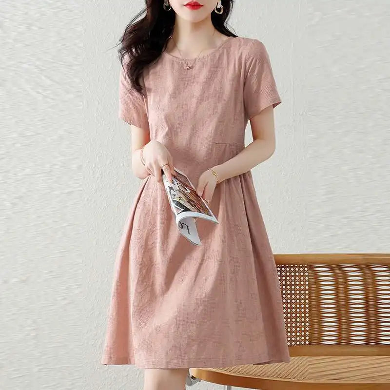 Pretty Woman Dress - Texture Fabric, Cotton, Knee-length, Short Sleeve Dress