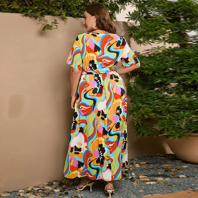 Pretty Woman Curvy Dress - Oversized loose V-neck  with elastic waist, short sleeved printed long Dress