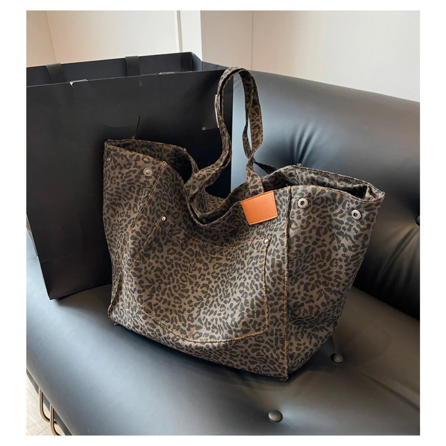 Pretty Woman Curvy Accessories - Fashion Large Capacity Handbag Leopard Pattern Tote  Retro Canvas Shoulder Bag