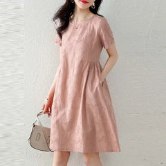 Pretty Woman Dress - Texture Fabric, Cotton, Knee-length, Short Sleeve Dress