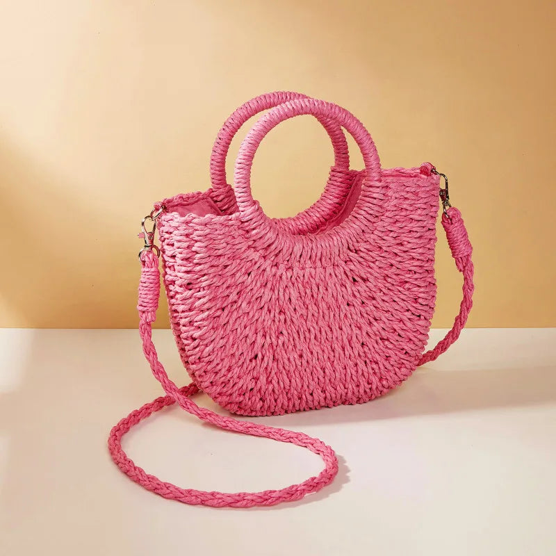 Pretty Woman Curvy Accessories - Handwoven Straw Rattan Half-Moon Handbag, Hollow Out Crossbody Shoulder Bag