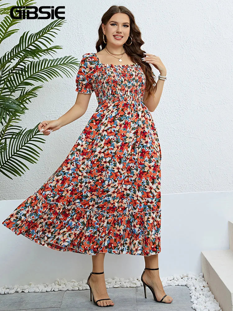 Pretty Woman Curvy Dress - Floral Print, Square Neck, Puff Sleeve Dress