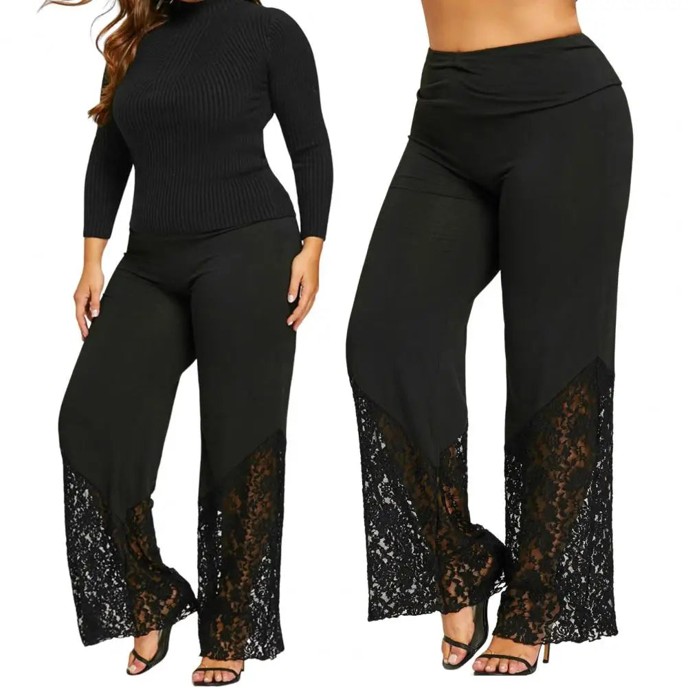 Pretty Woman Pants - Wide Leg Flower Embroidery High Waist Loose See-through Lace Patchwork Pants