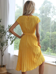 Pretty Woman Dress - Polka Dot Cap Sleeve Knee Length Shirred Elegant Belted A-Line Dress