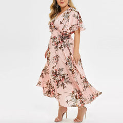 Pretty Woman Curvy Dress  - Crossover V Neck, Butterfly Sleeves, Pinched Elastic Stretch Waist, Chiffon, Flowers