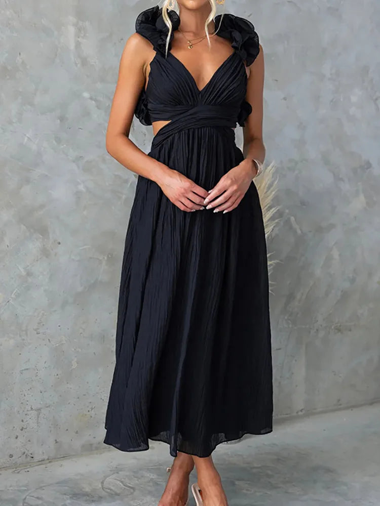 Pretty Woman Dress - V-Neck Backless, Petal Sleeveless, Elegant Maxi Dress