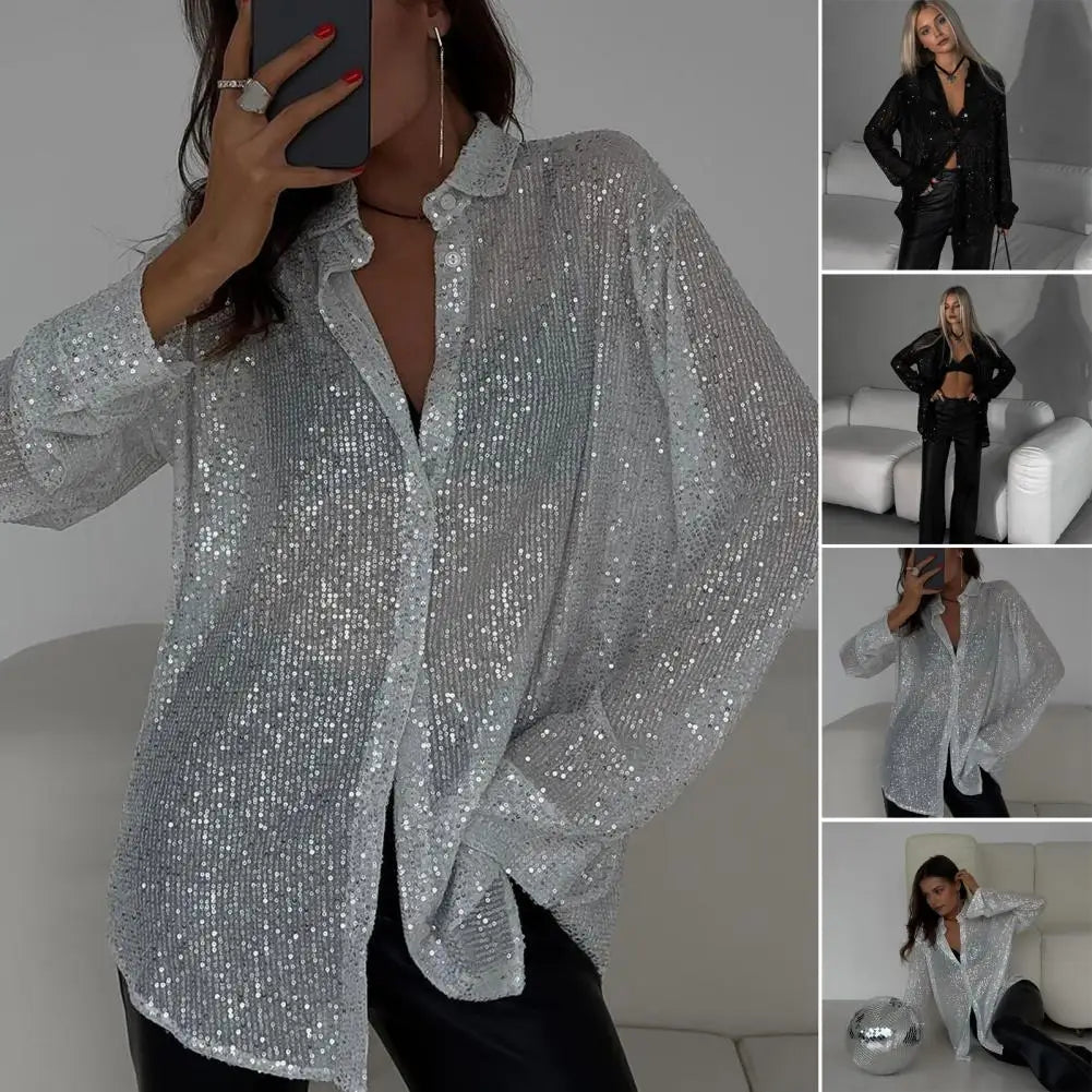 Pretty Woman Shirt - Glitter Loose Long Sleeve Turndown Collar Silver Shirt