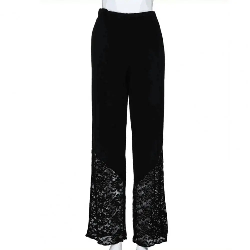 Pretty Woman Pants - Wide Leg Flower Embroidery High Waist Loose See-through Lace Patchwork Pants