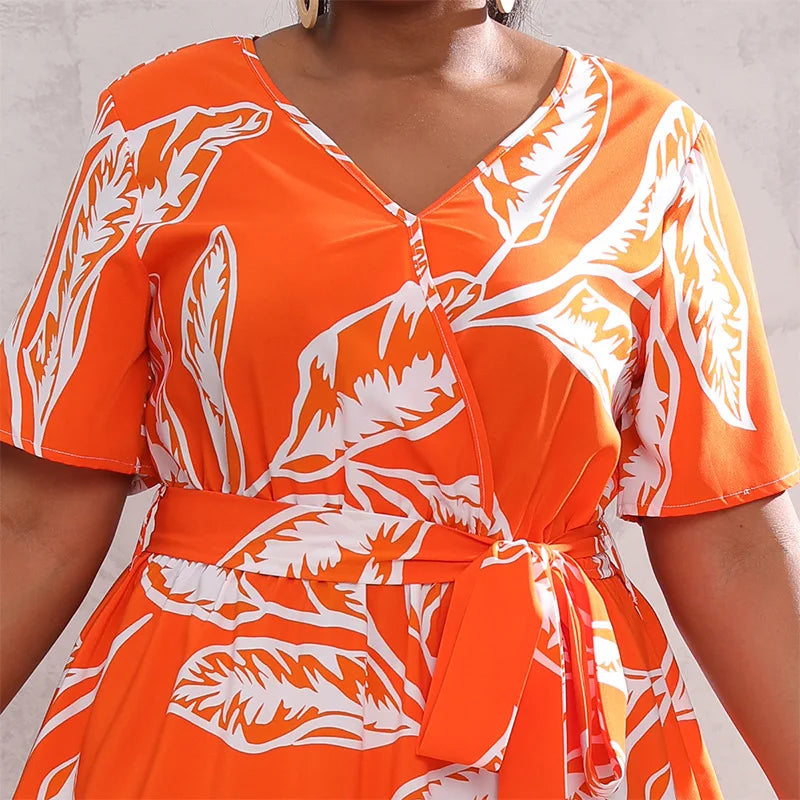 Pretty Woman Curvy Dress - Oversized loose V-neck  with elastic waist, short sleeved printed long Dress