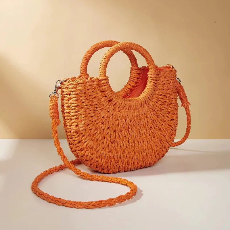 Pretty Woman Curvy Accessories - Handwoven Straw Rattan Half-Moon Handbag, Hollow Out Crossbody Shoulder Bag