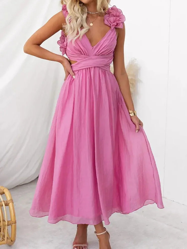 Pretty Woman Dress - V-Neck Backless, Petal Sleeveless, Elegant Maxi Dress