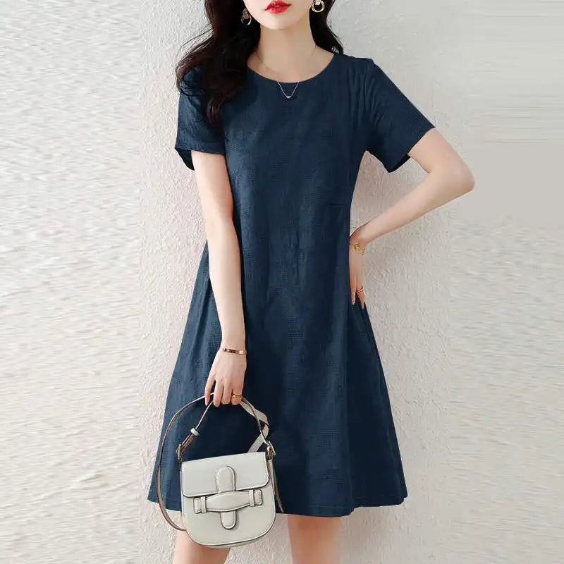 Pretty Woman Dress - Texture Fabric, Cotton, Knee-length, Short Sleeve Dress