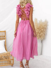 Pretty Woman Dress - V-Neck Backless, Petal Sleeveless, Elegant Maxi Dress