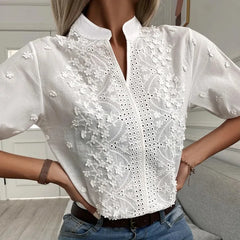 Pretty Woman Top - Embroidered White Shirt V-neck Lantern Sleeve