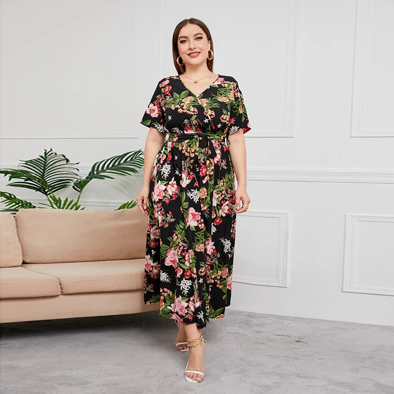 Pretty Woman Curvy Dress - Oversized loose V-neck  with elastic waist, short sleeved printed long Dress