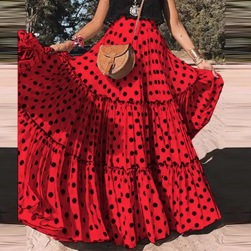 Pretty Woman Skirt - Bohemian Flared, Polka Dots, High Waist, Ruffled, Loose, Long Maxi Skirts