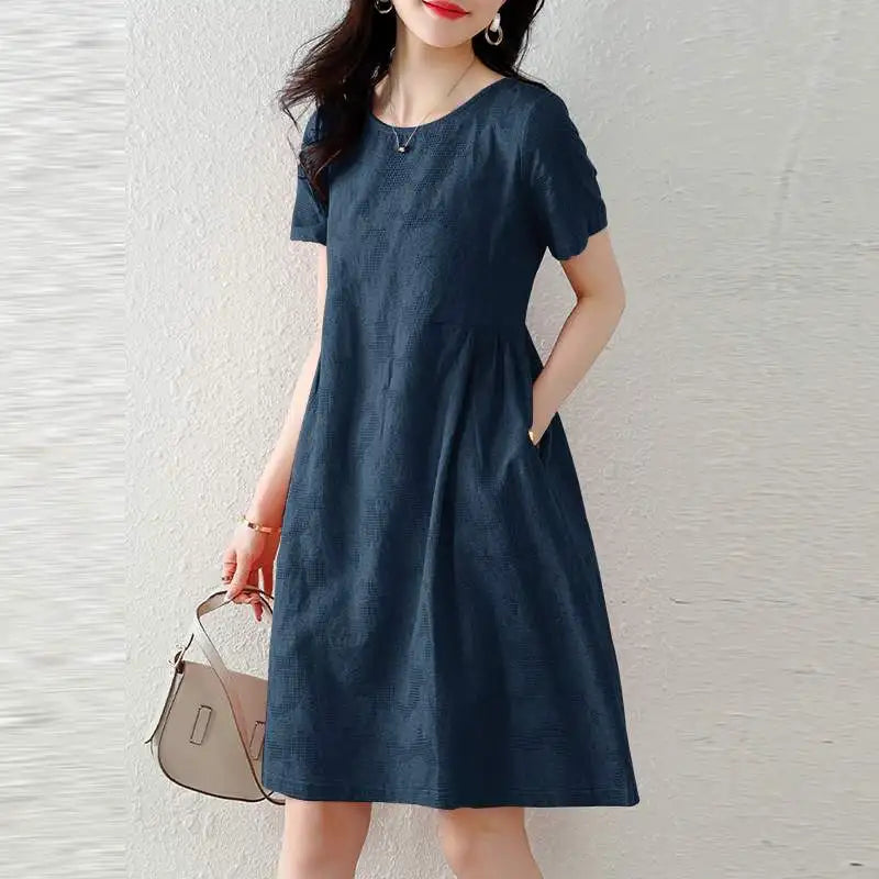 Pretty Woman Dress - Texture Fabric, Cotton, Knee-length, Short Sleeve Dress